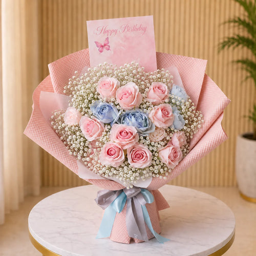 Birthday Flower with Blue and Pink Flowers