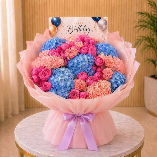 Birthday Flowers with hydrangea and roses