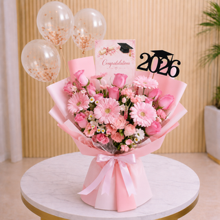 Graduation Bouquet 2026 Pink Flowers & Balloons with same day delivery in Dubai and UAE