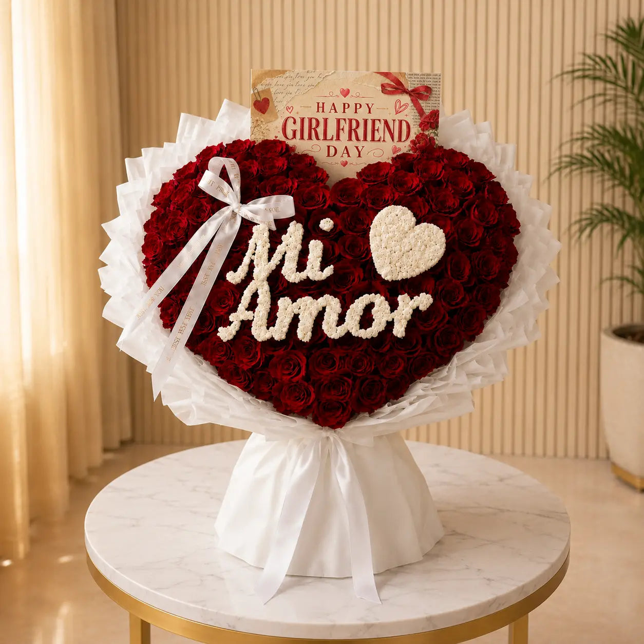 Heart-shaped red rose bouquet with white roses spelling 'Mi Amor' and a white heart, wrapped in white tissue paper and tied with a white ribbon, displayed on a marble-topped table with a 'Happy Girlfriend Day' card behind it.