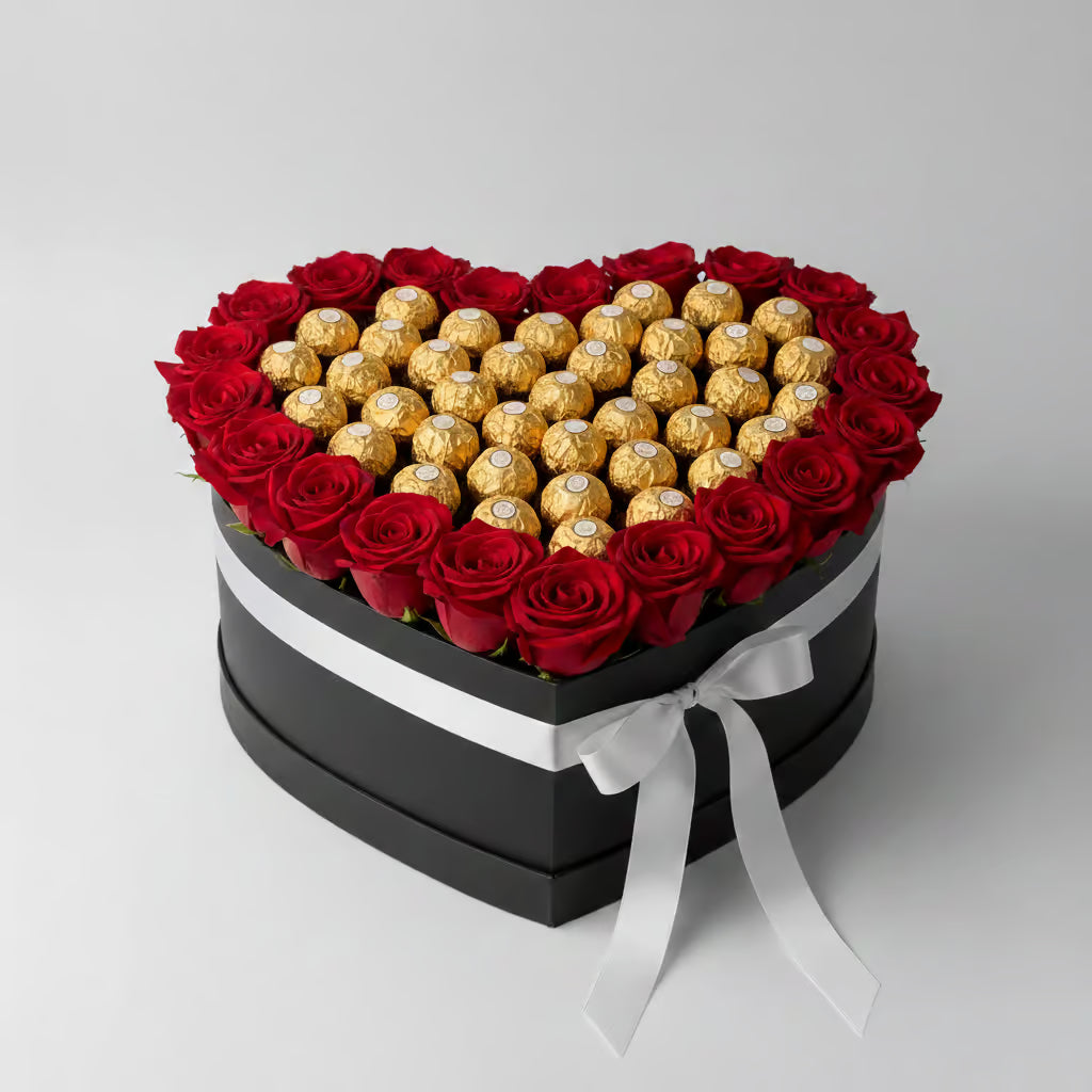 Red Roses in Heart Box with Ferrero