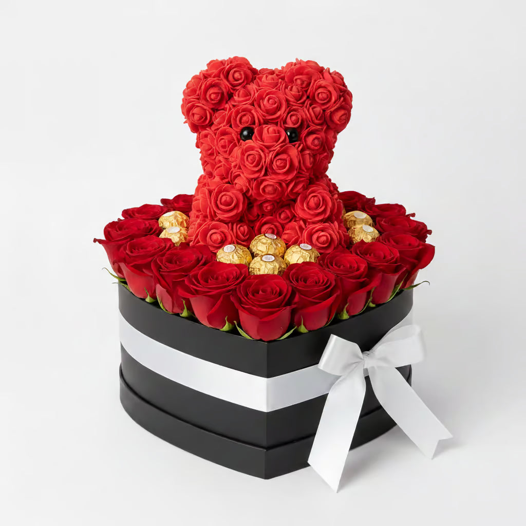 Red Roses in Heart Box with Rose Teddy & Ferrero
