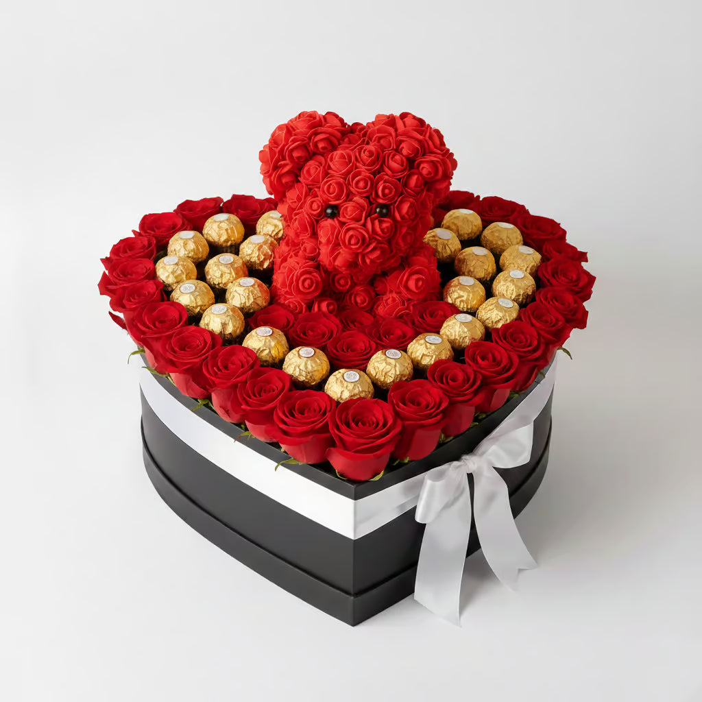 Red Roses in Heart Box with Rose Teddy