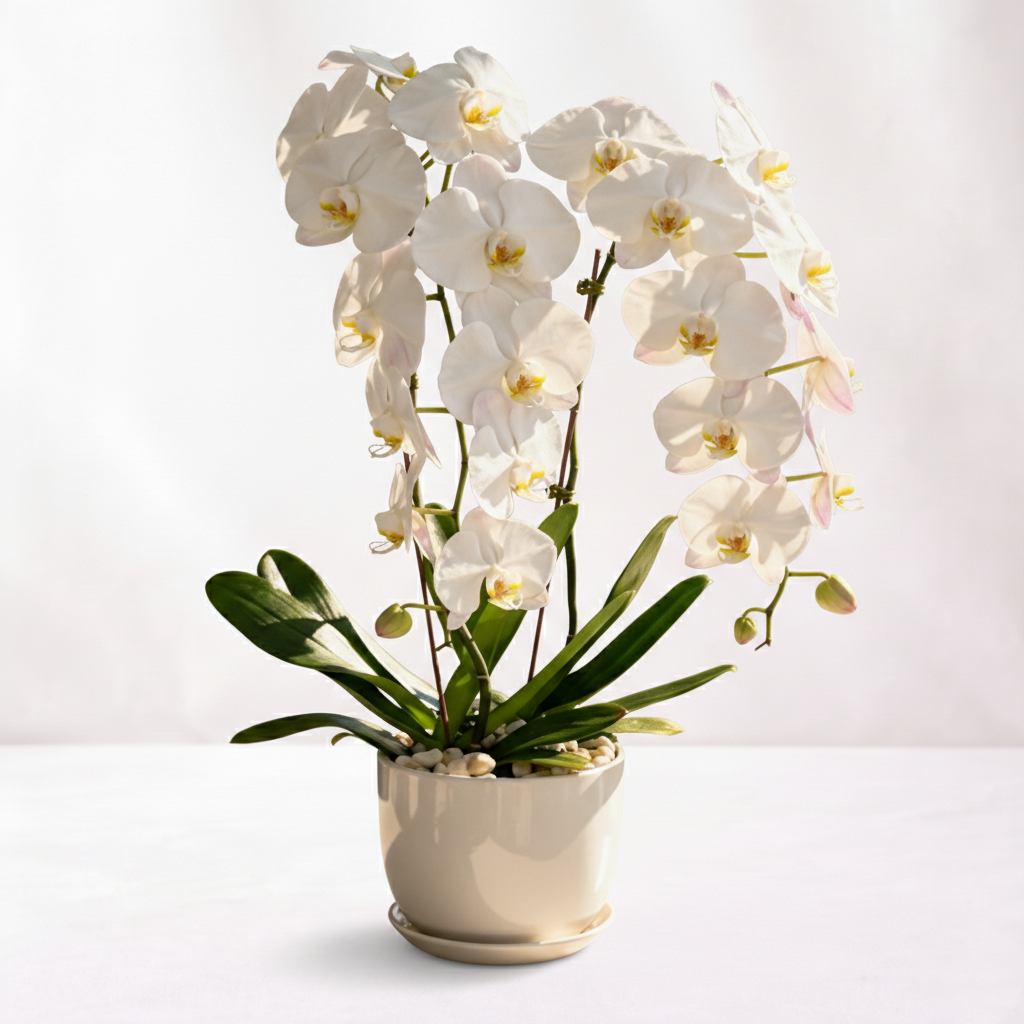 2 stems White Orchid Plant in Pot