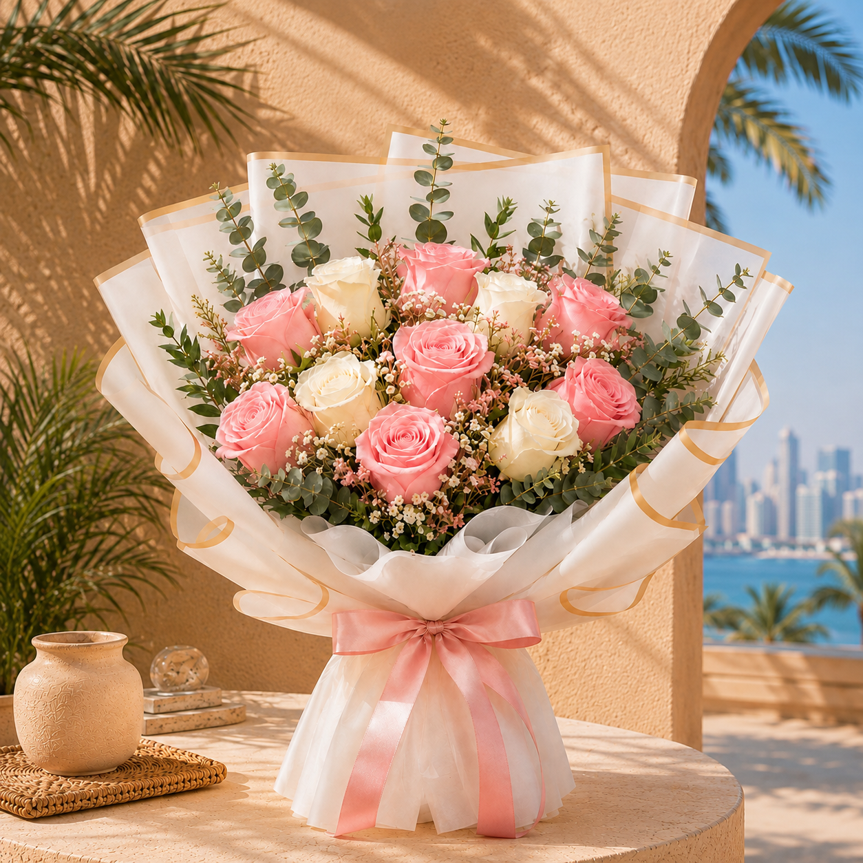 50 fresh red roses in a white-wrapped dome bouquet