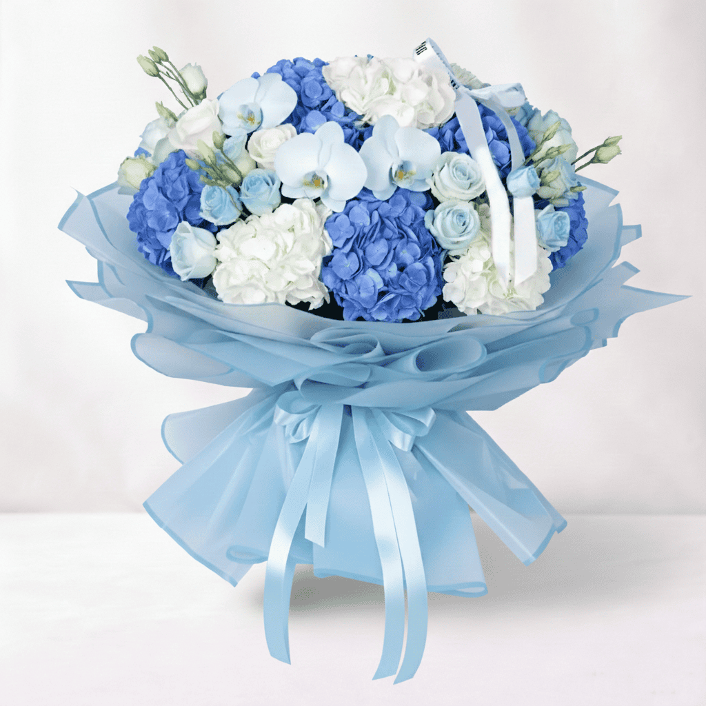 Blue & White Hydrangea Rose Orchid Bouquet