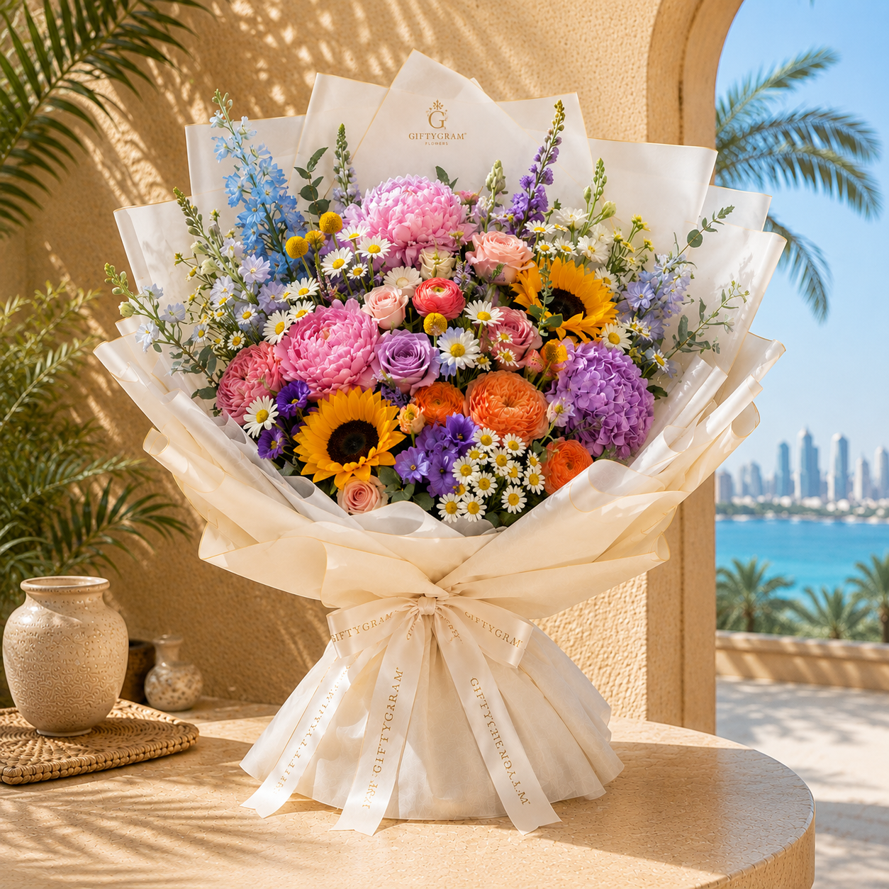 Grand dome bouquet of pink and white roses