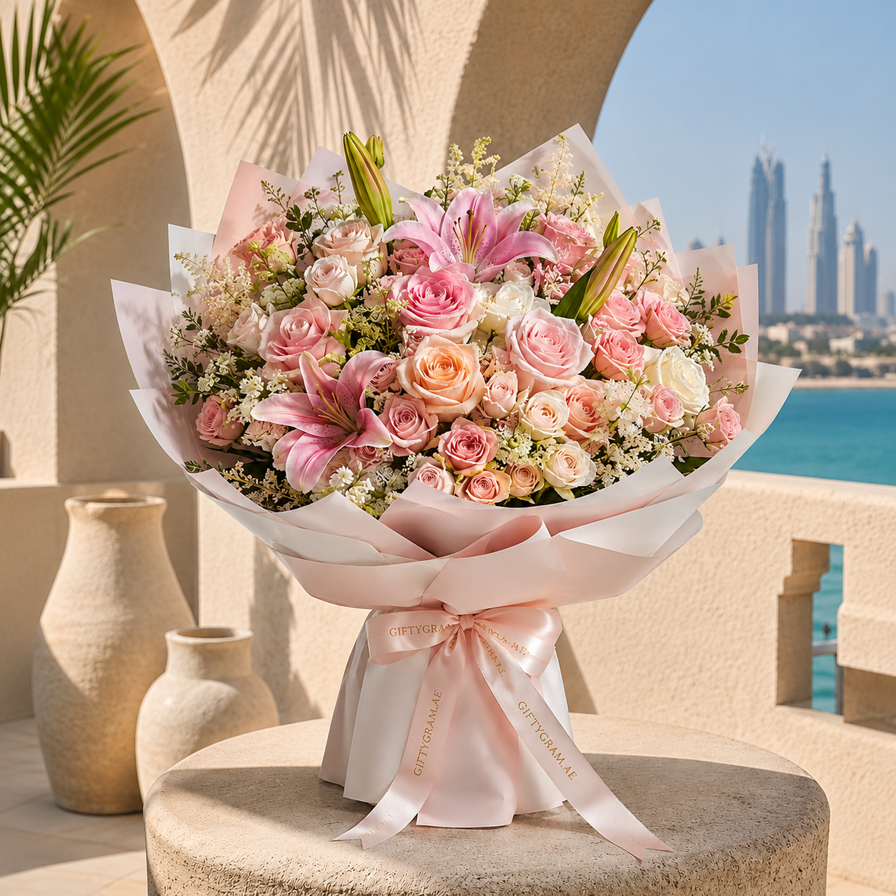 Pink roses and lilies in a blush-wrapped bouquet