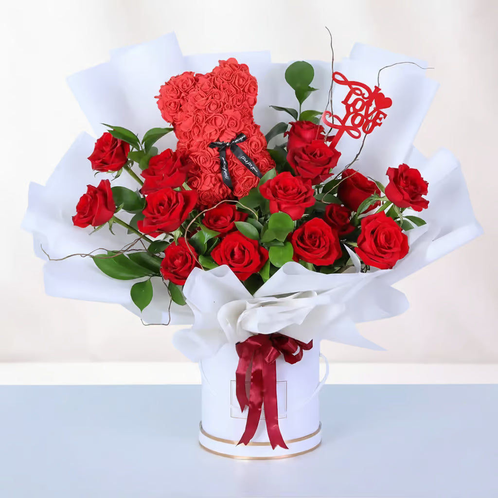 Red Roses Love Box with Rose Teddy