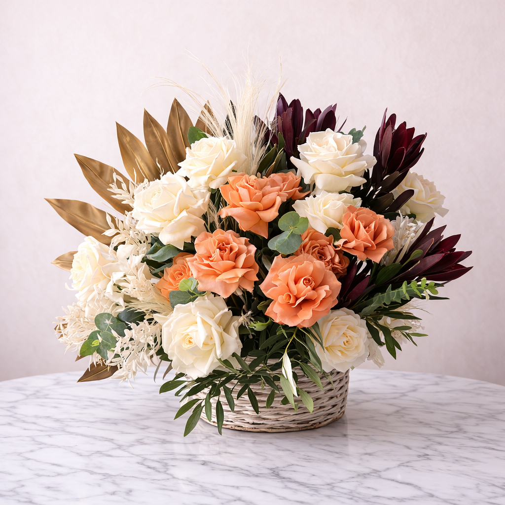 Peach & Ivory Elegance Basket - Premium flower basket with same day delivery in Dubai and UAE