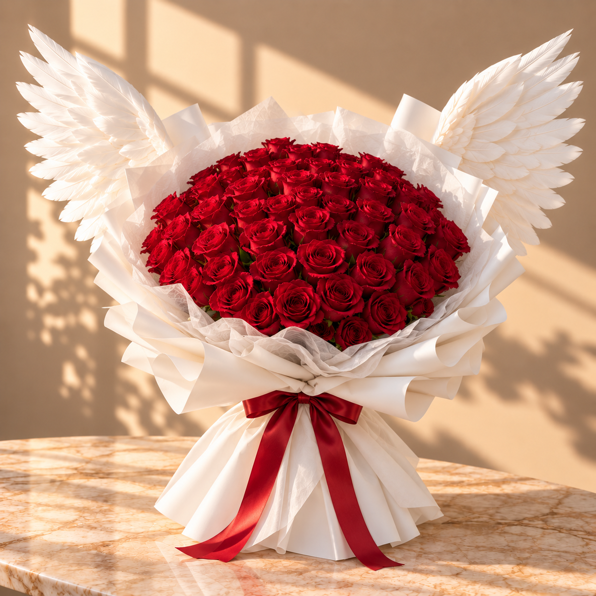 Fly With Love — 51 Red Roses Bouquet with Angel Wings – premium flowers same day delivery Dubai