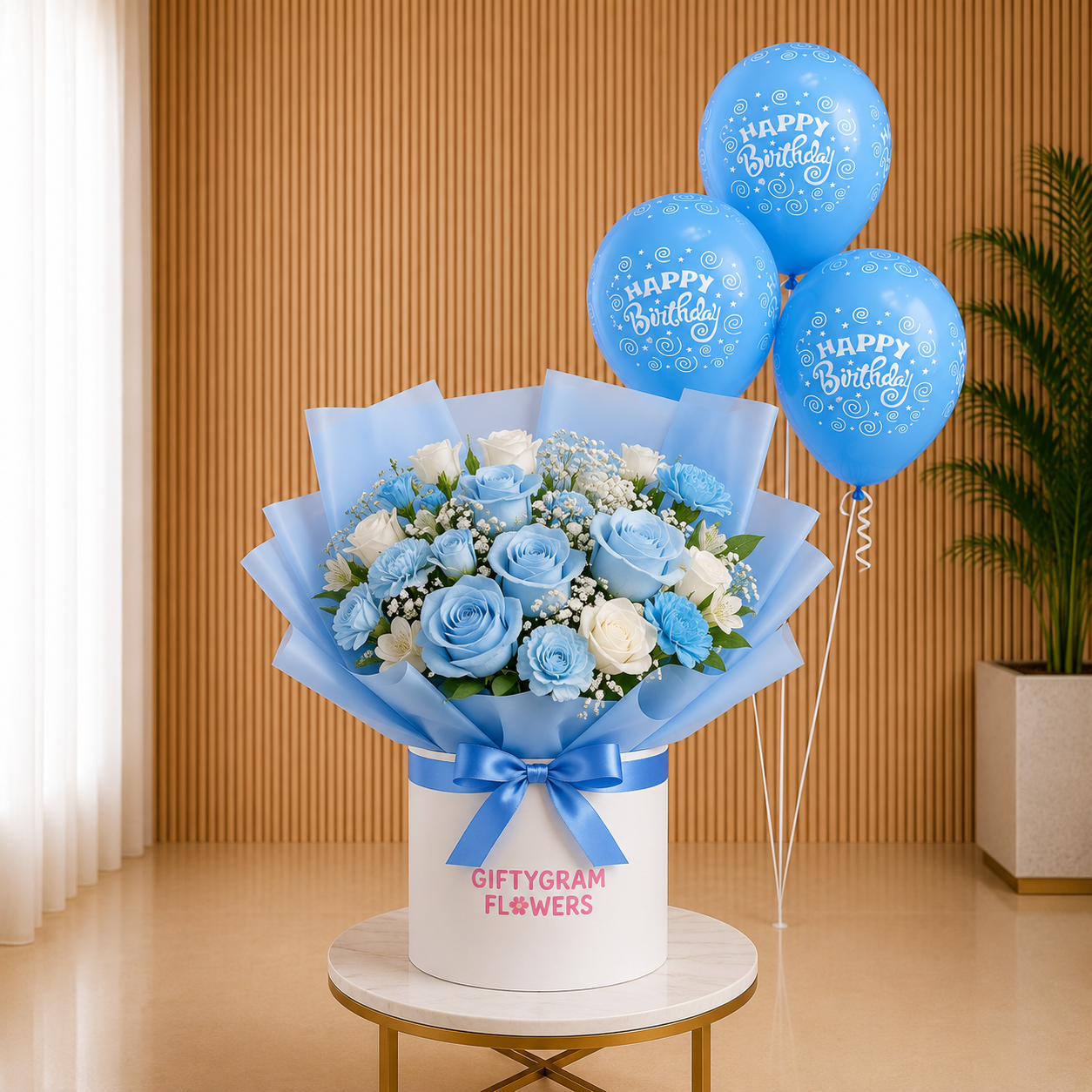 Birthday Blue Flowers Box with Blue Balloons helium balloon same day delivery Dubai