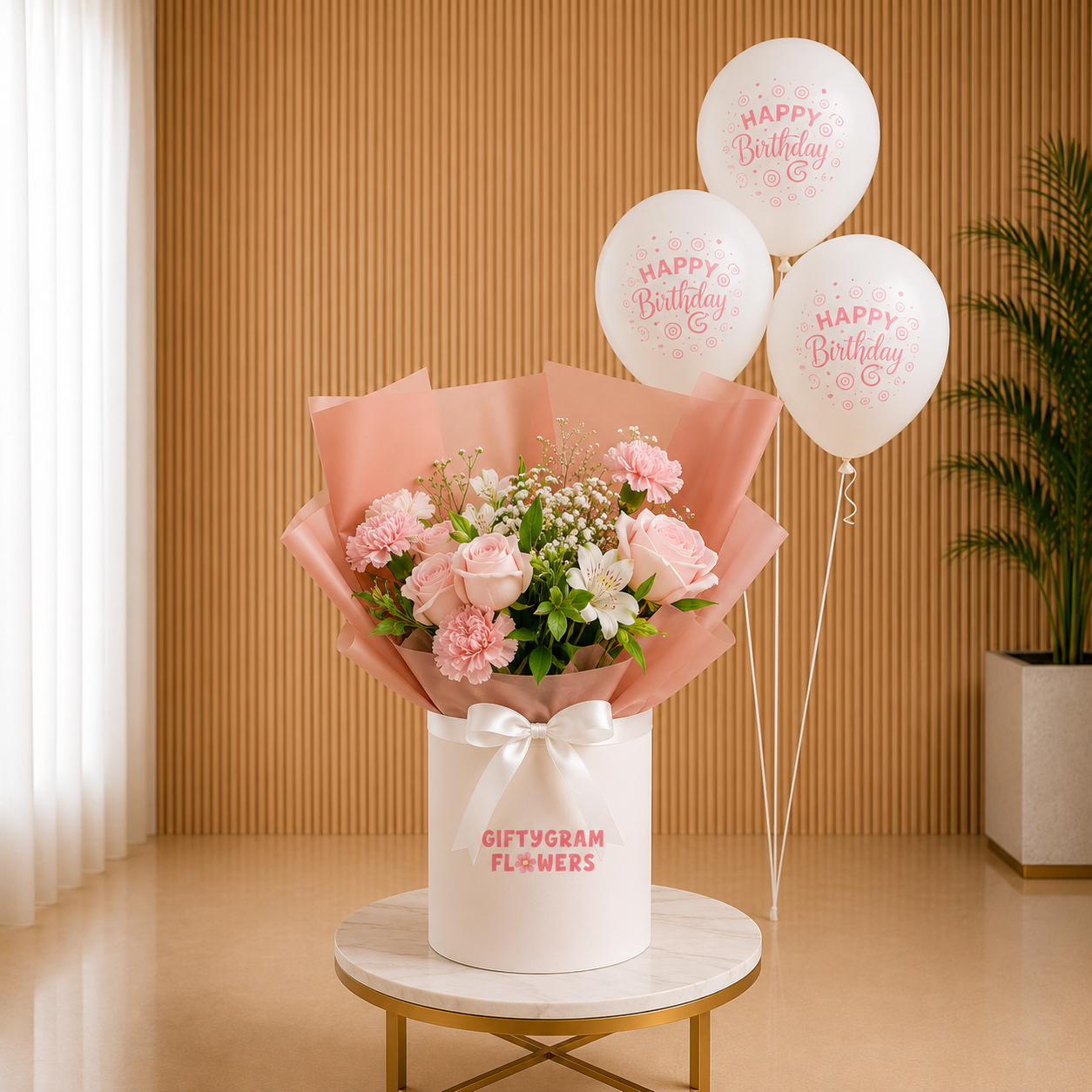 Birthday Pink Roses Box with White Baloons birthday flowers same day delivery Dubai