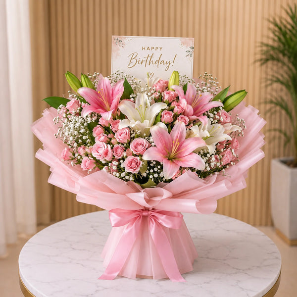 Birthday Bouquet with Lillies & Baby Rose same day birthday delivery Dubai and UAE