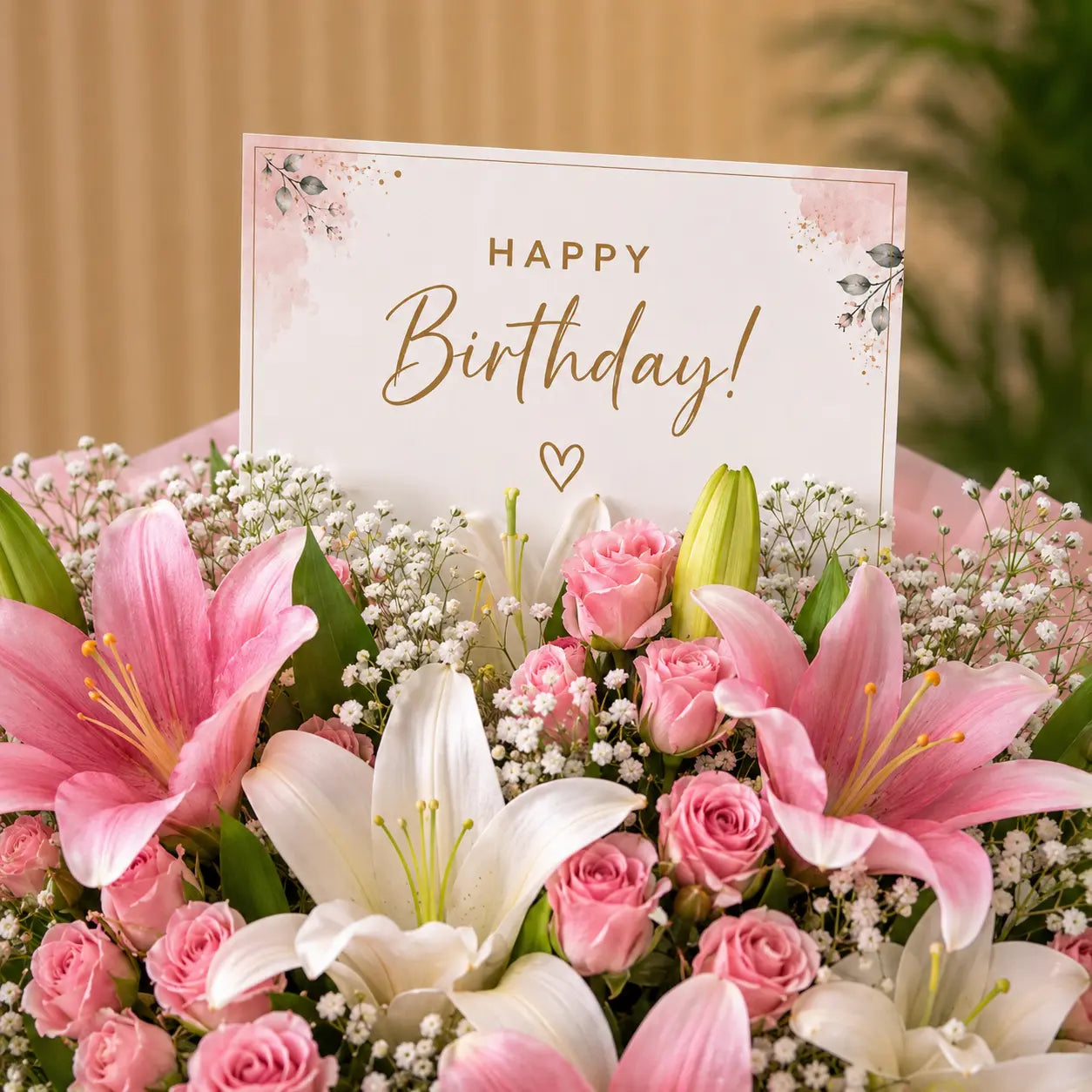 Bouquet of pink lilies and white flowers with a 'Happy Birthday!' card on a ccloseup shot
