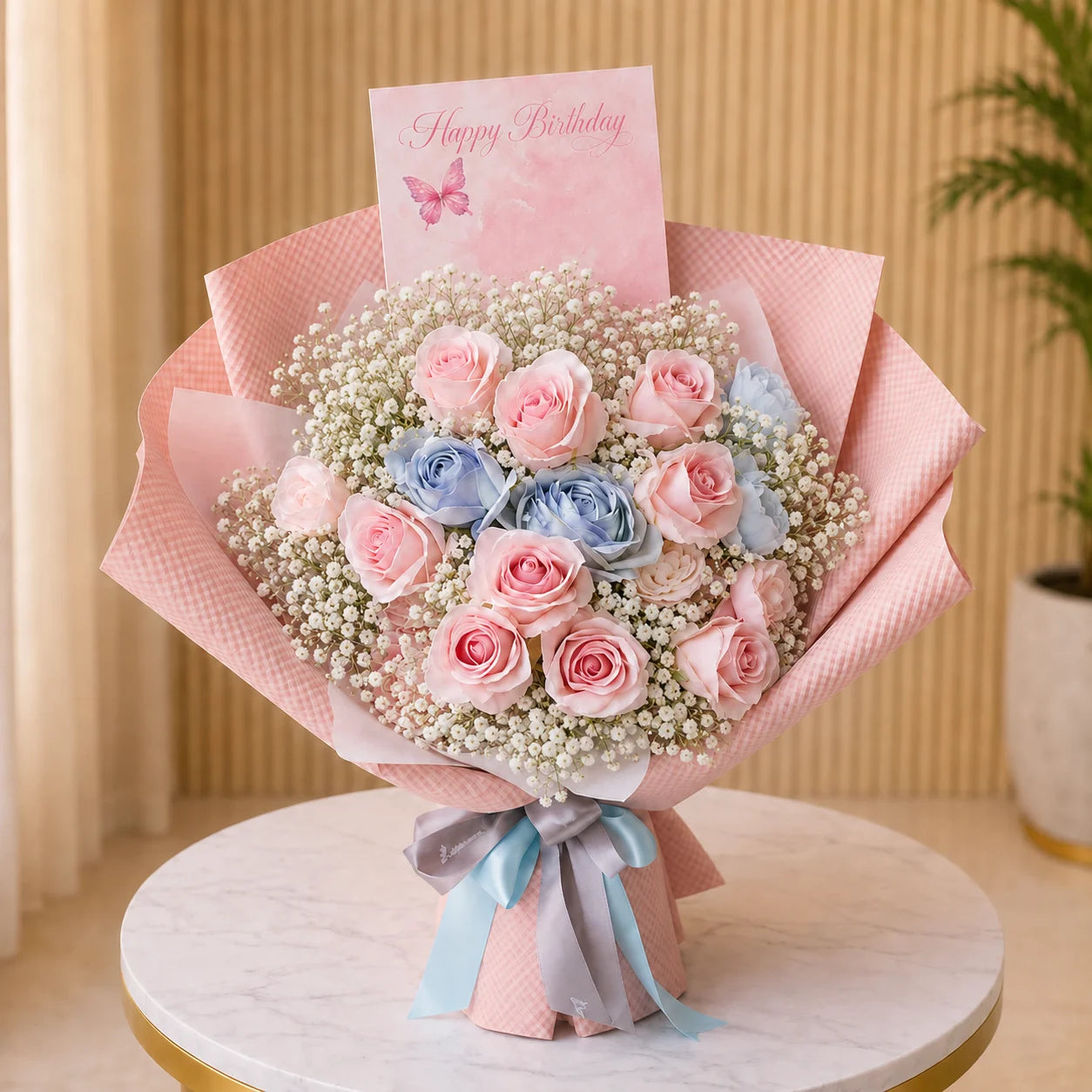 Birthday Flower with Blue and Pink Flowers