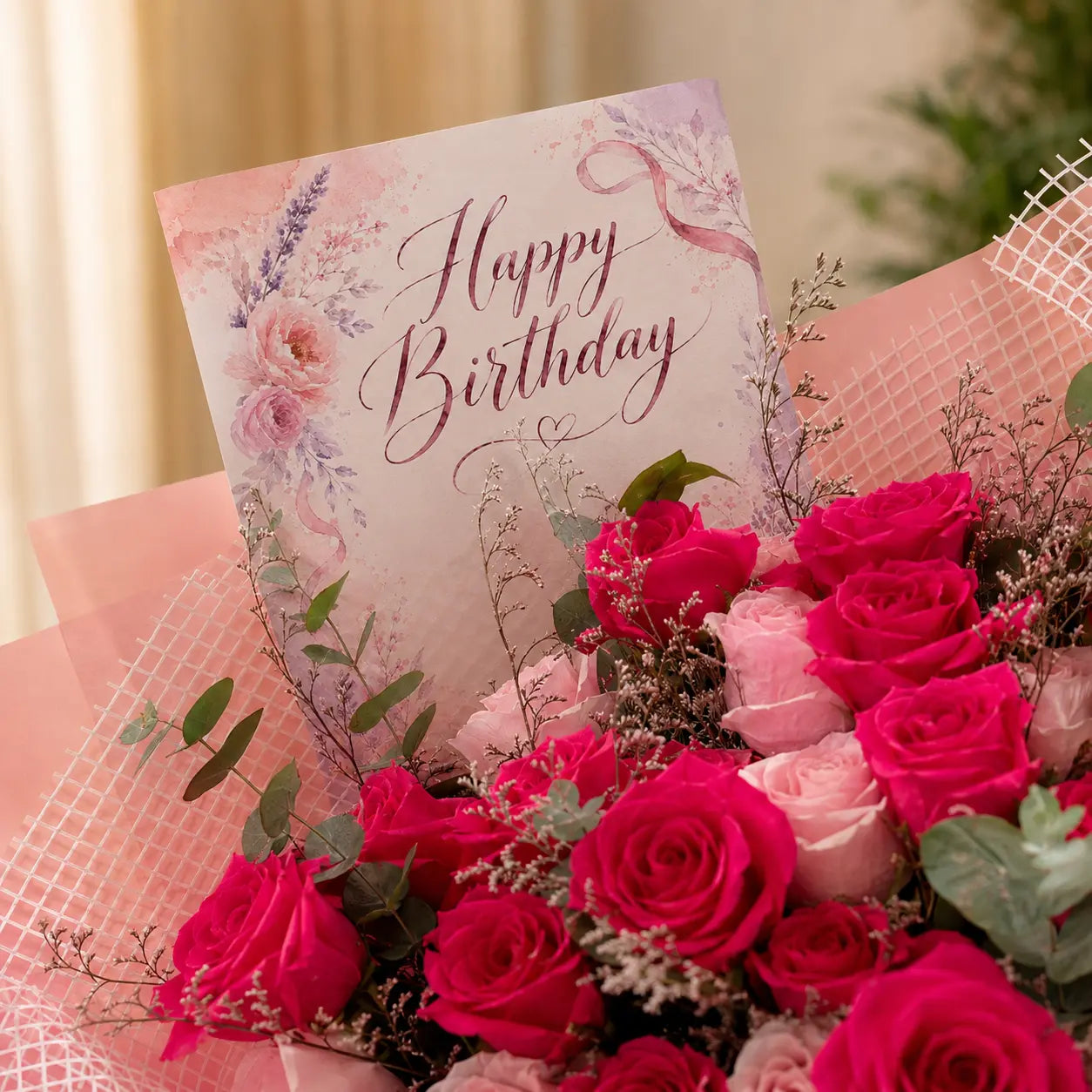 Happy birthday Bouquet of pink and red roses with a 'Happy Birthday' card on a soft pink background.