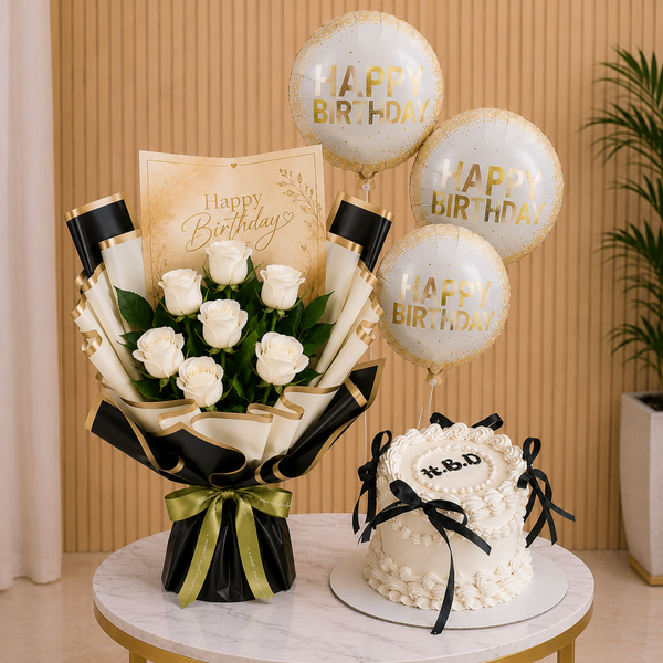Birthday Flowers Bundle - 7 White roses with 3 Helium Balloons & White Cake complete birthday bundle delivery Dubai