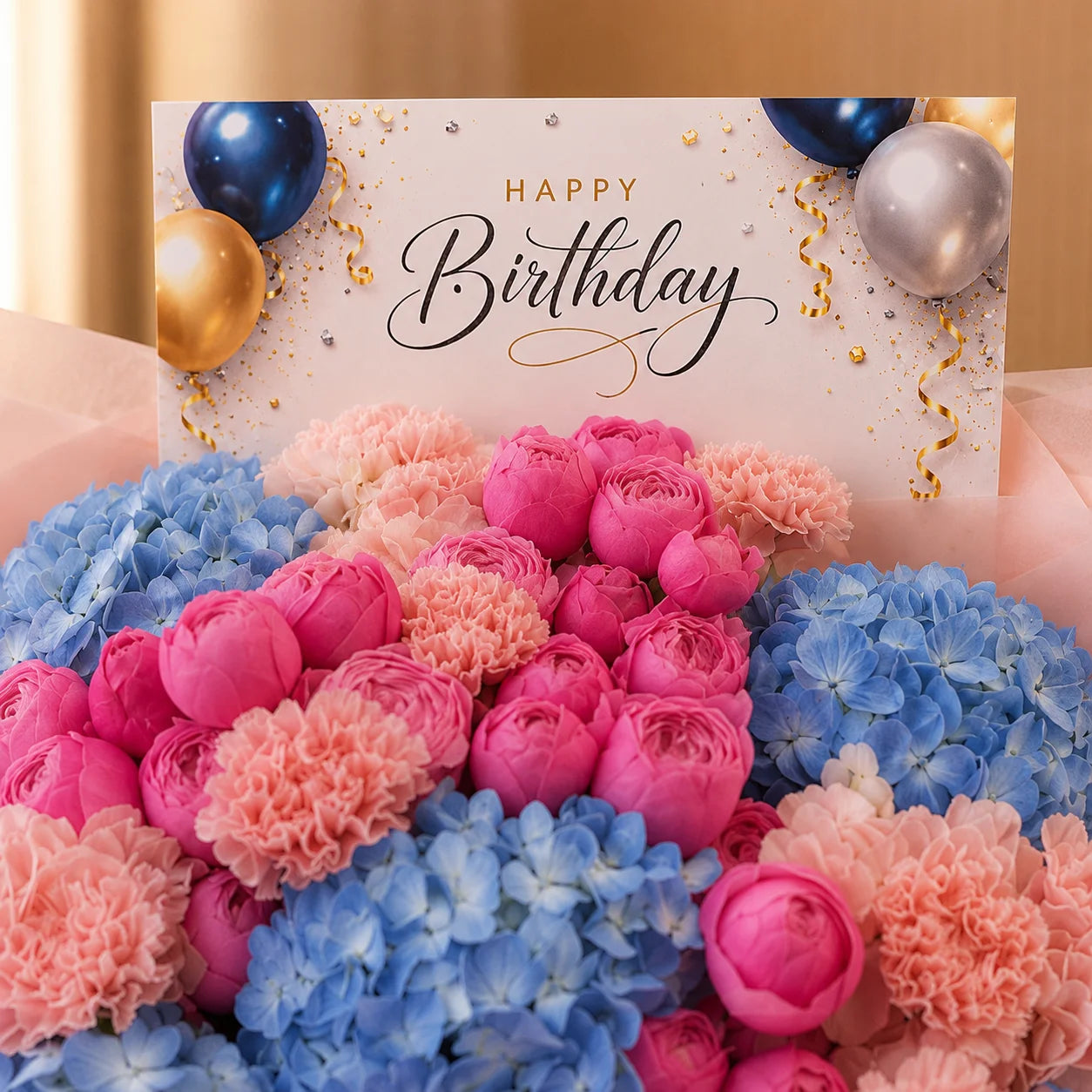 Birthday Flowers with hydrangea and roses closeup