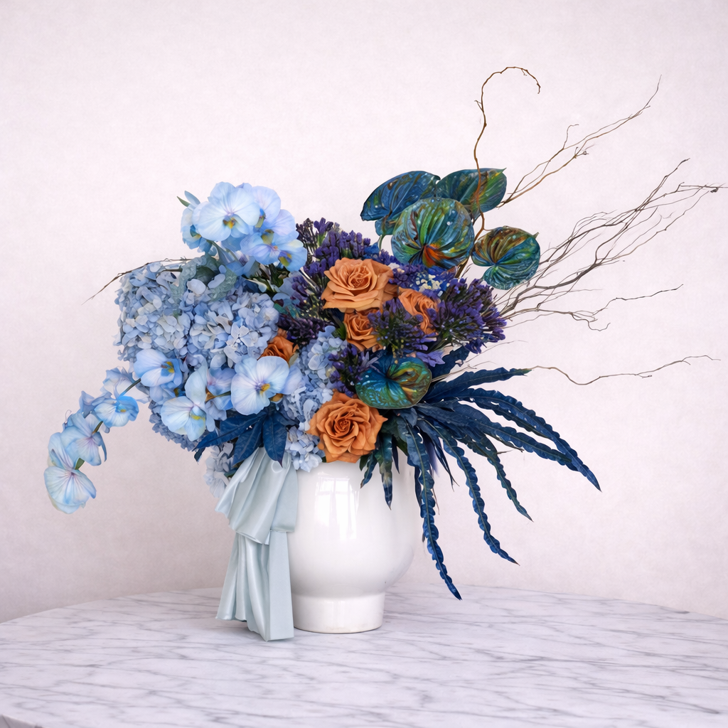 Blue & Peach Flower vas - Premium vase arrangement with same day delivery in Dubai and UAE