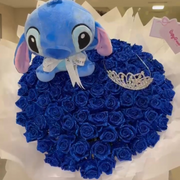 Blue Stitch on a heart-shaped arrangement of blue roses with a tiara.