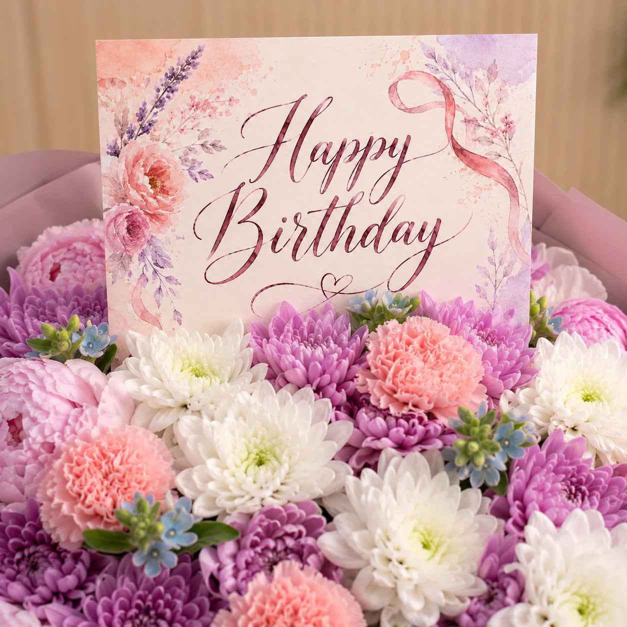 Card inside a Birthday Flower luxury bouque saying "Happy Birthday"