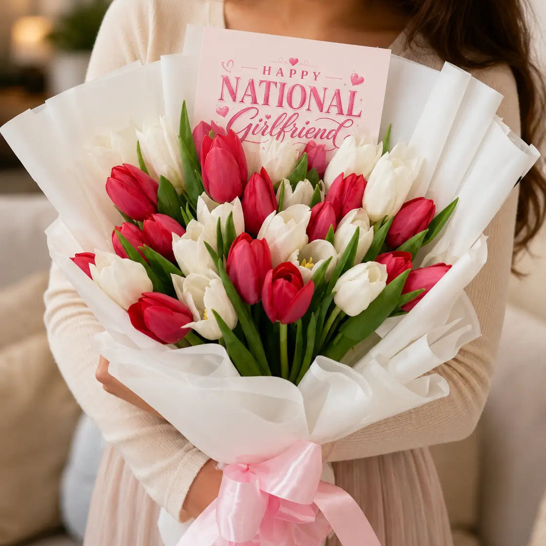 A bouquet of red and white tulips wrapped in white tissue paper with a pink ribbon and a card that reads 'Happy National Girlfriend,' held by a woman in a cream dress in a softly lit indoor setting.