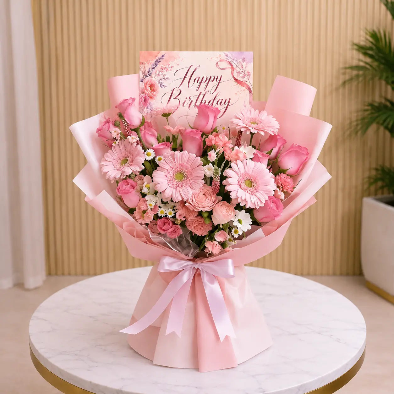 Pink Gerbera & Roses Birthday Flowers