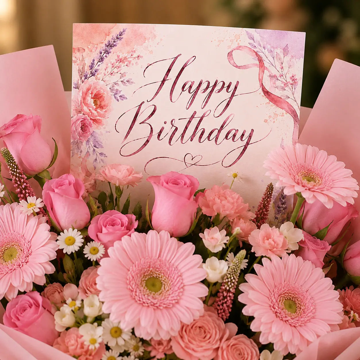 Pink Gerbera & Roses Birthday Flowers