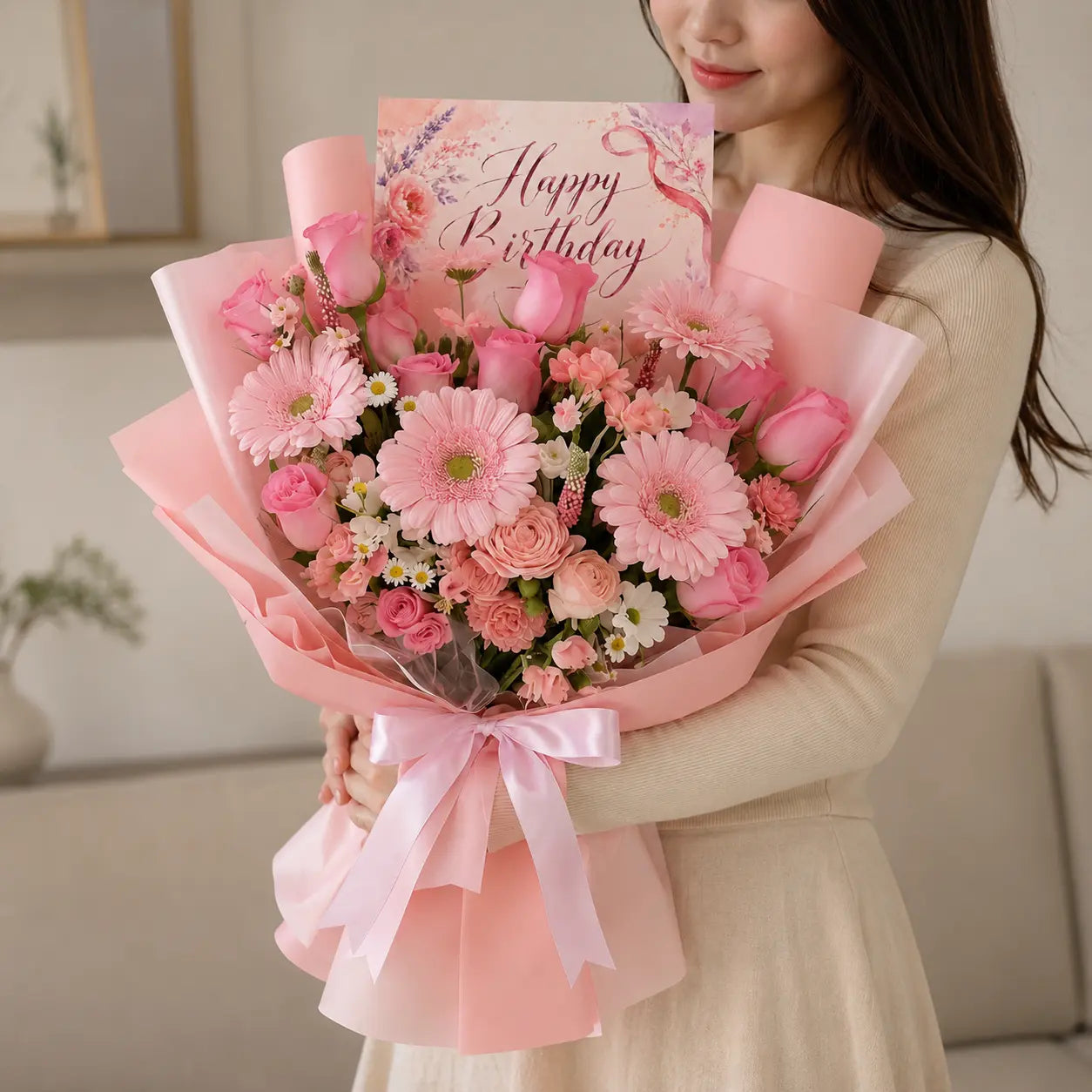 Pink Gerbera & Roses Birthday Flowers