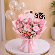 Graduation Bouquet 2026 Pink Flowers & Balloons