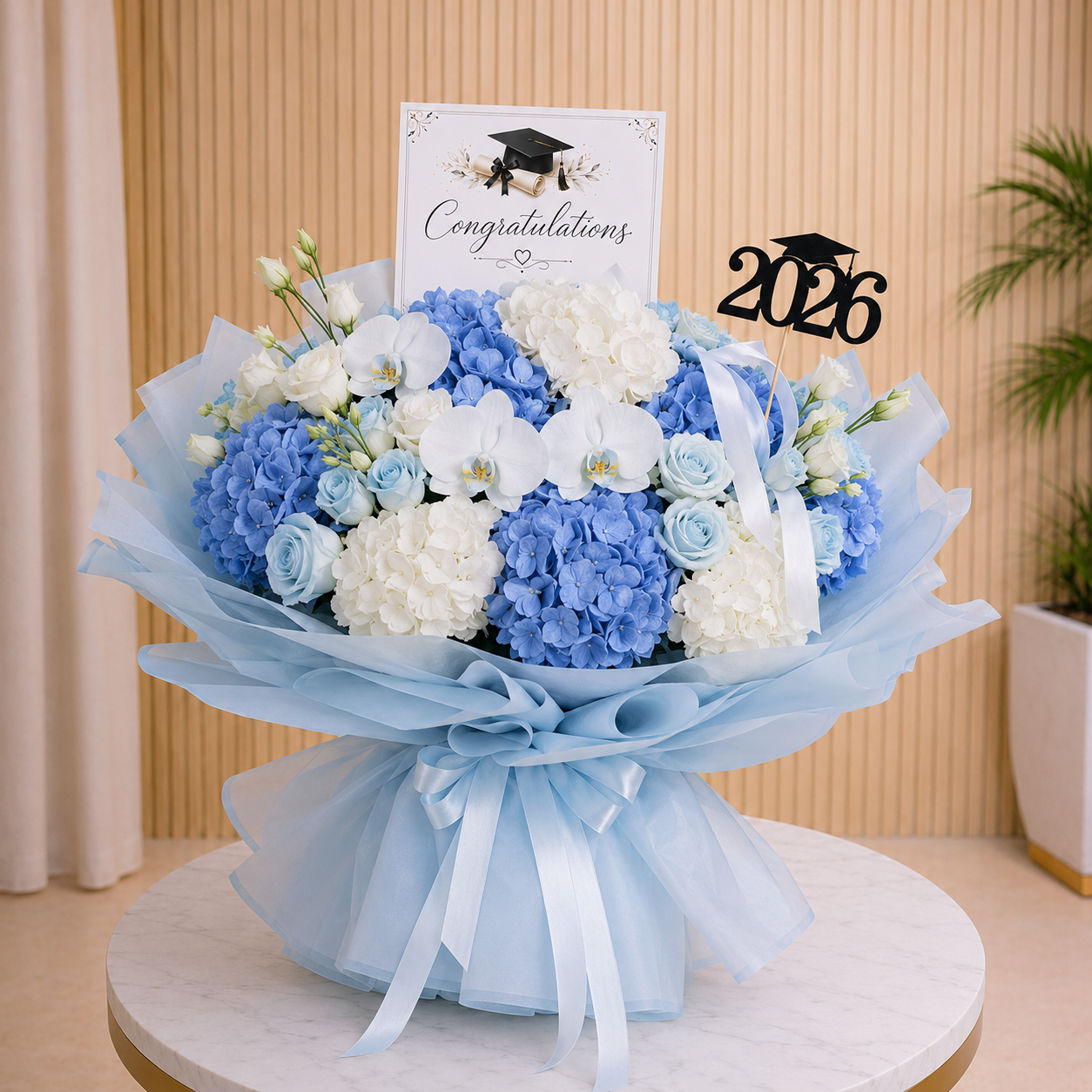 Graduation Bouquet 2026 Blue Hydrangea & White Orchid