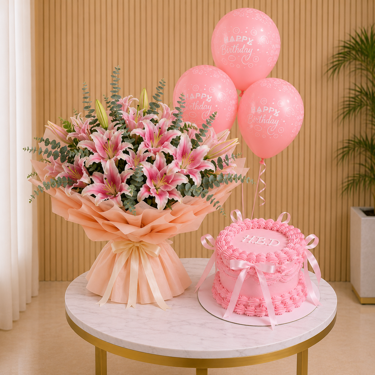 Birthday Flowers Bundle - 10 Lilies with 3 Helium Balloons & Pink Cake complete birthday bundle delivery Dubai