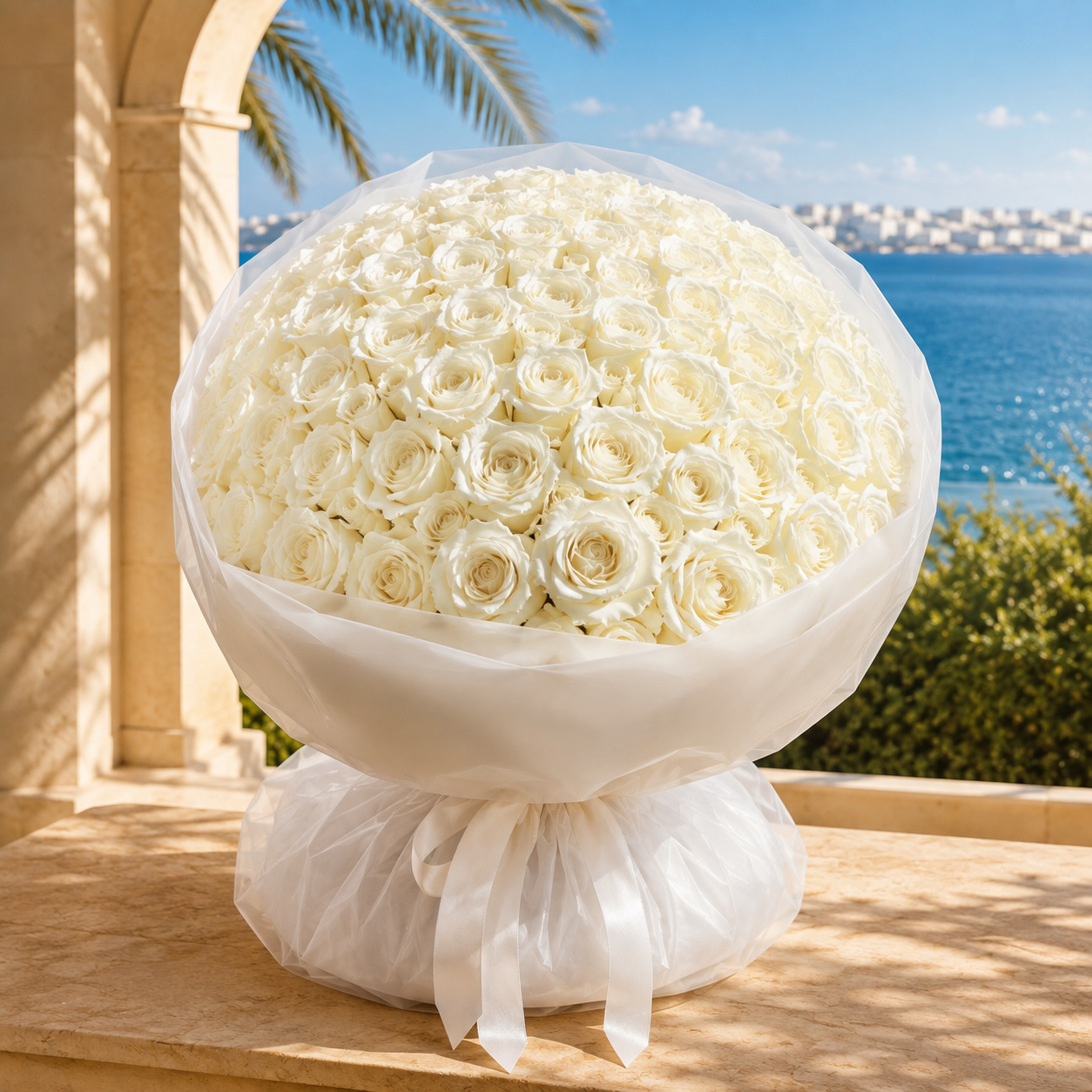 Oversized dome bouquet of fresh white roses