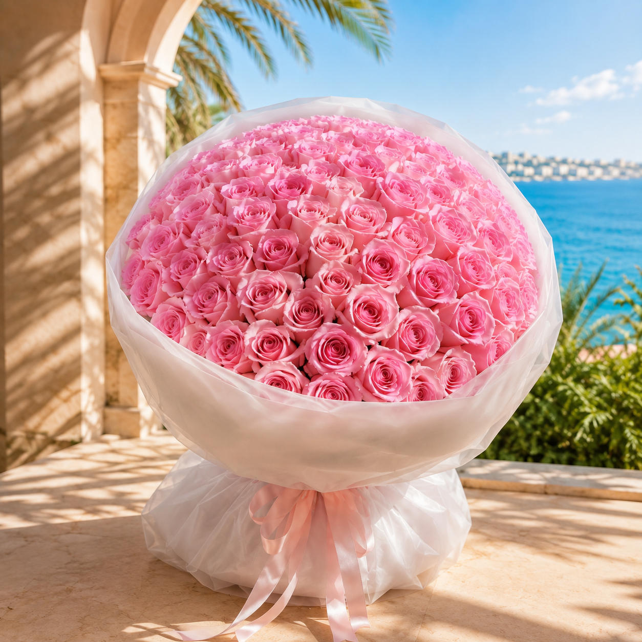 Oversized dome bouquet of fresh pink roses