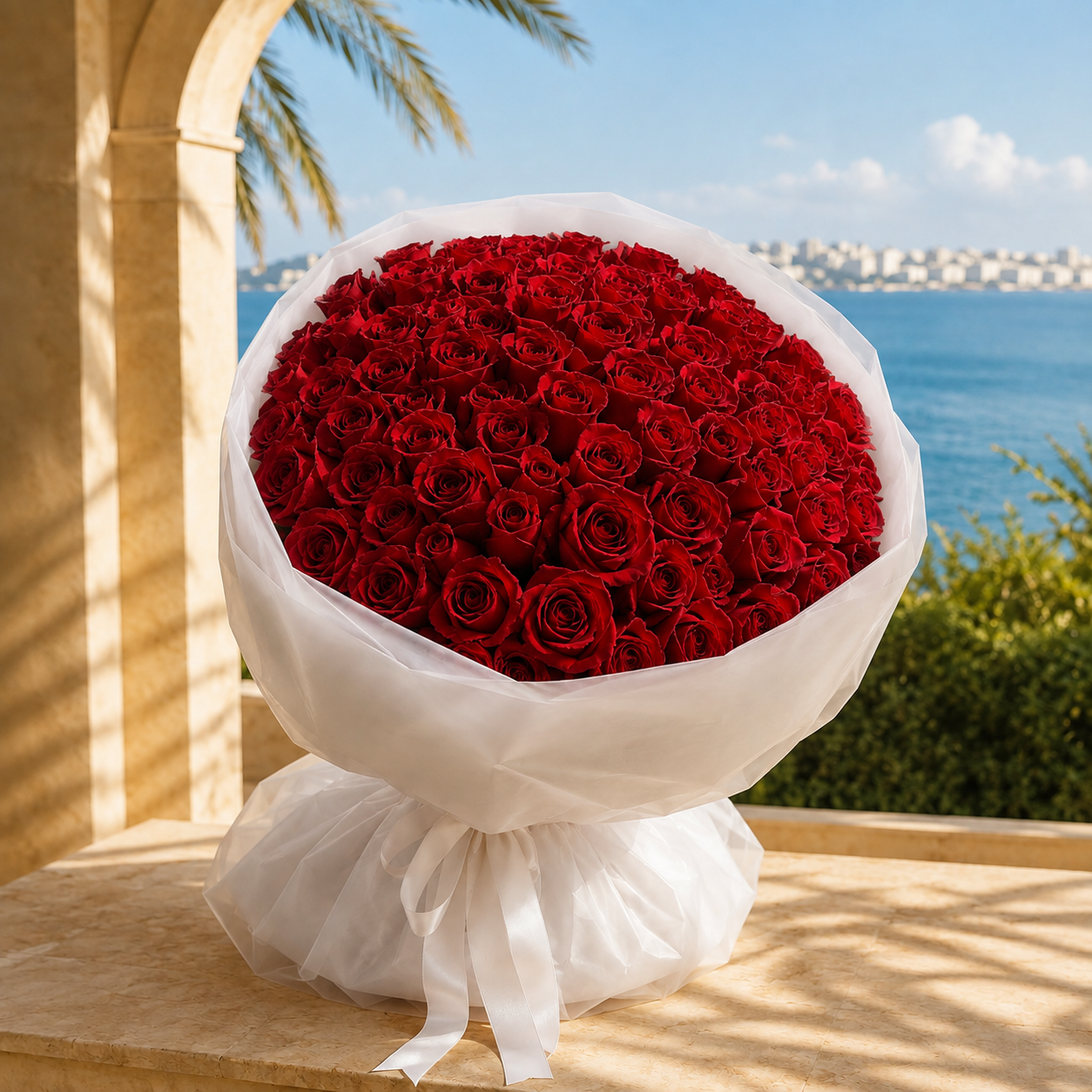 Oversized dome bouquet of 100 fresh red roses