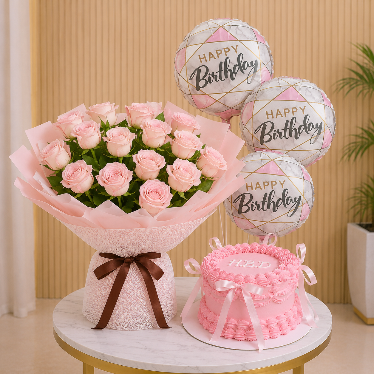 Birthday Flowers Bundle - 10 Baby Pink Roses with 3 Helium Balloons & Pink Cake complete birthday bundle delivery Dubai