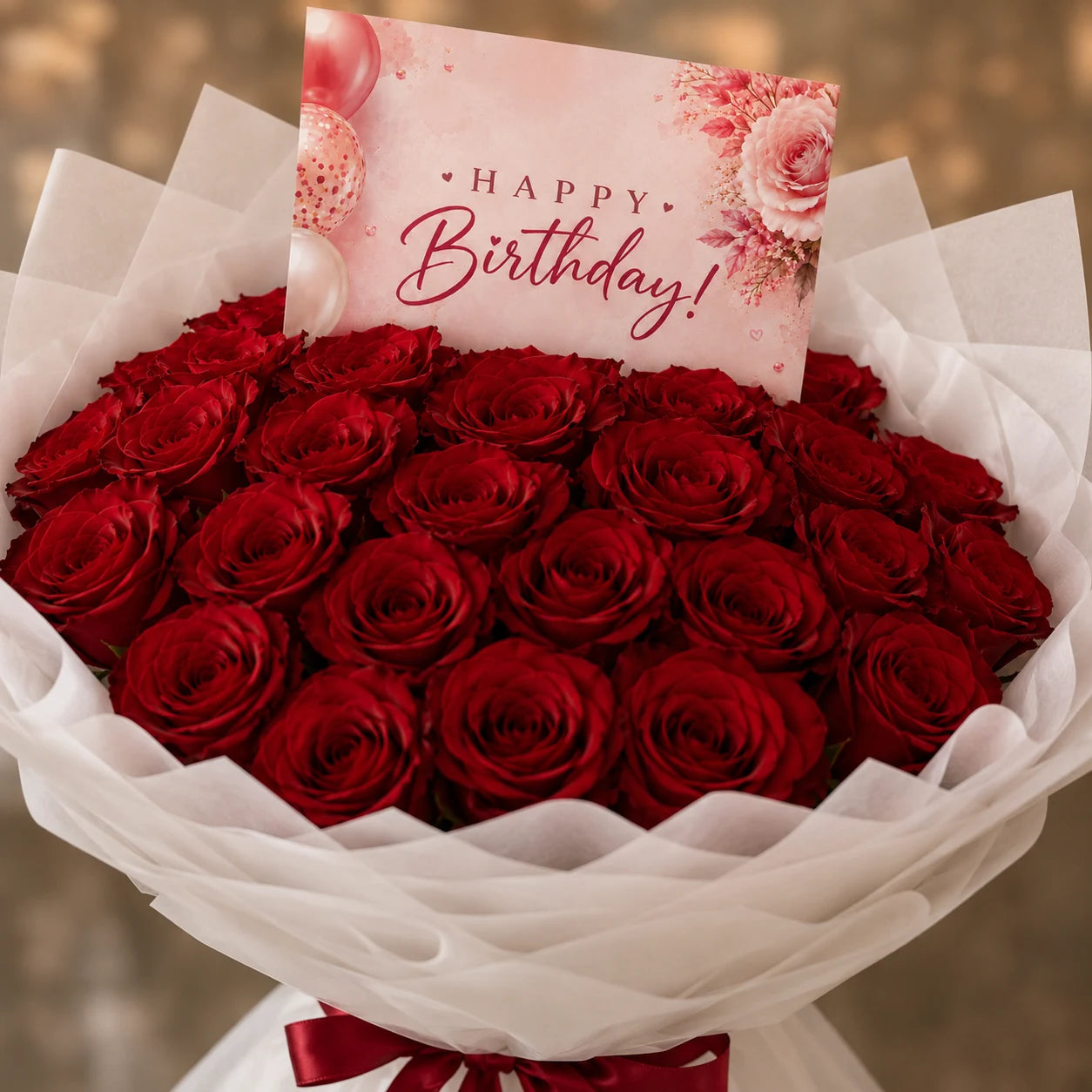 Bouquet of red roses with a 'Happy Birthday!' card with a closeup shot