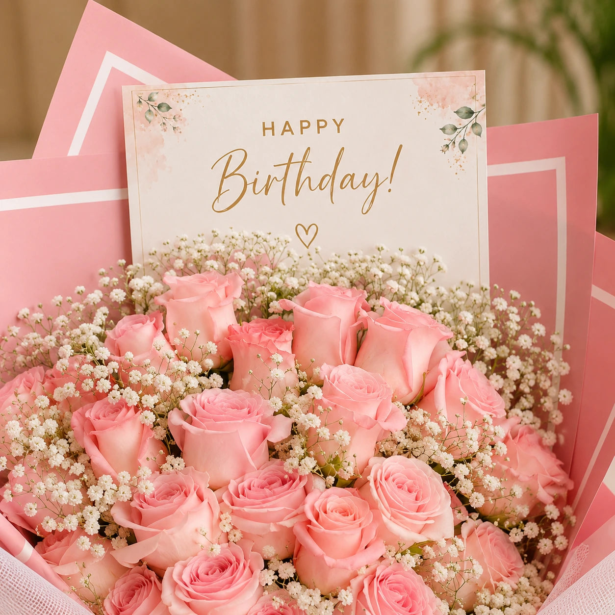 Bouquet of pink roses with a 'Happy Birthday!' card on a pink background