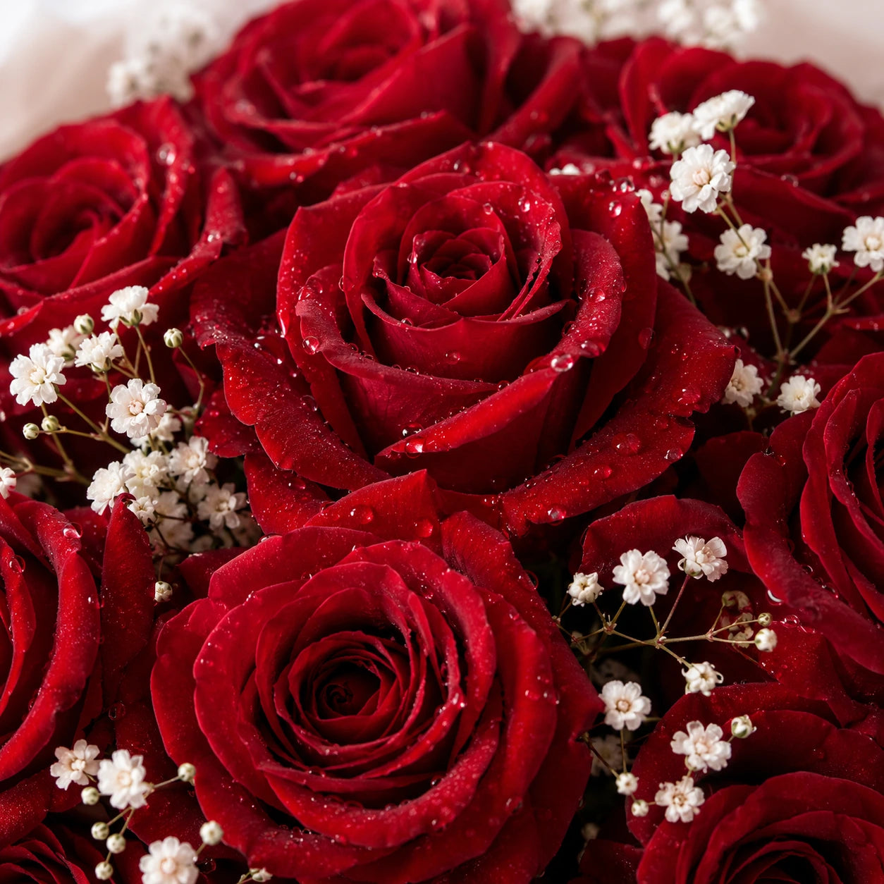 Bouquet of red roses with small white flowers