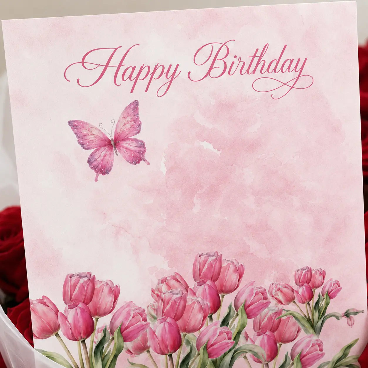 Closeup shot of Birthday Flower Large Red Bouquet with a card