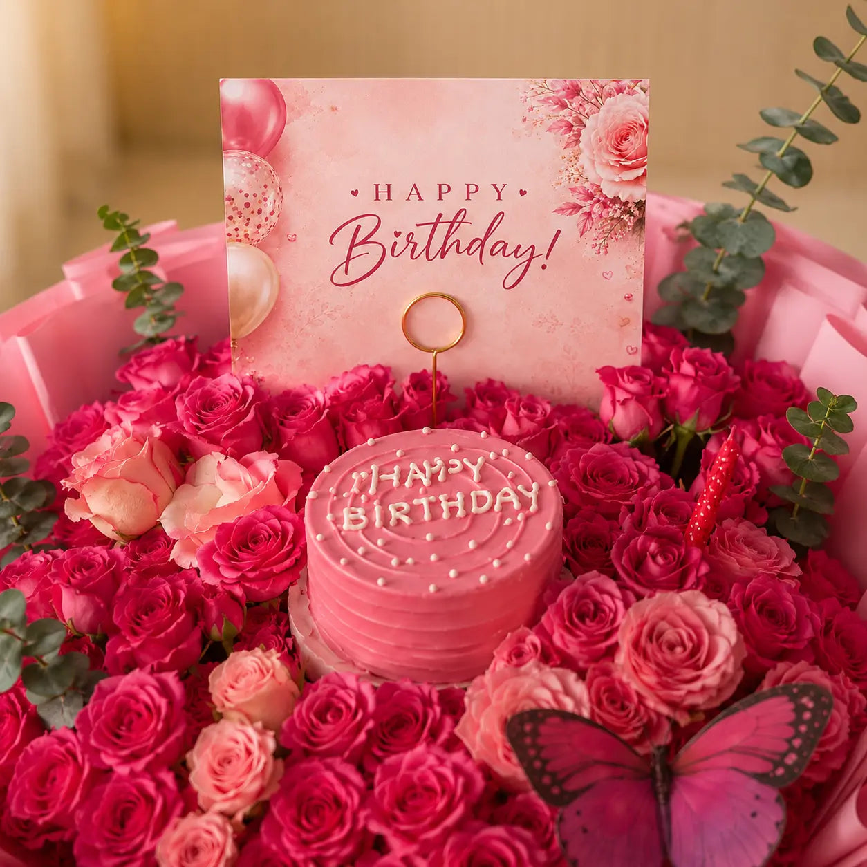 Closeup shot of Birthday Bouquet with cake