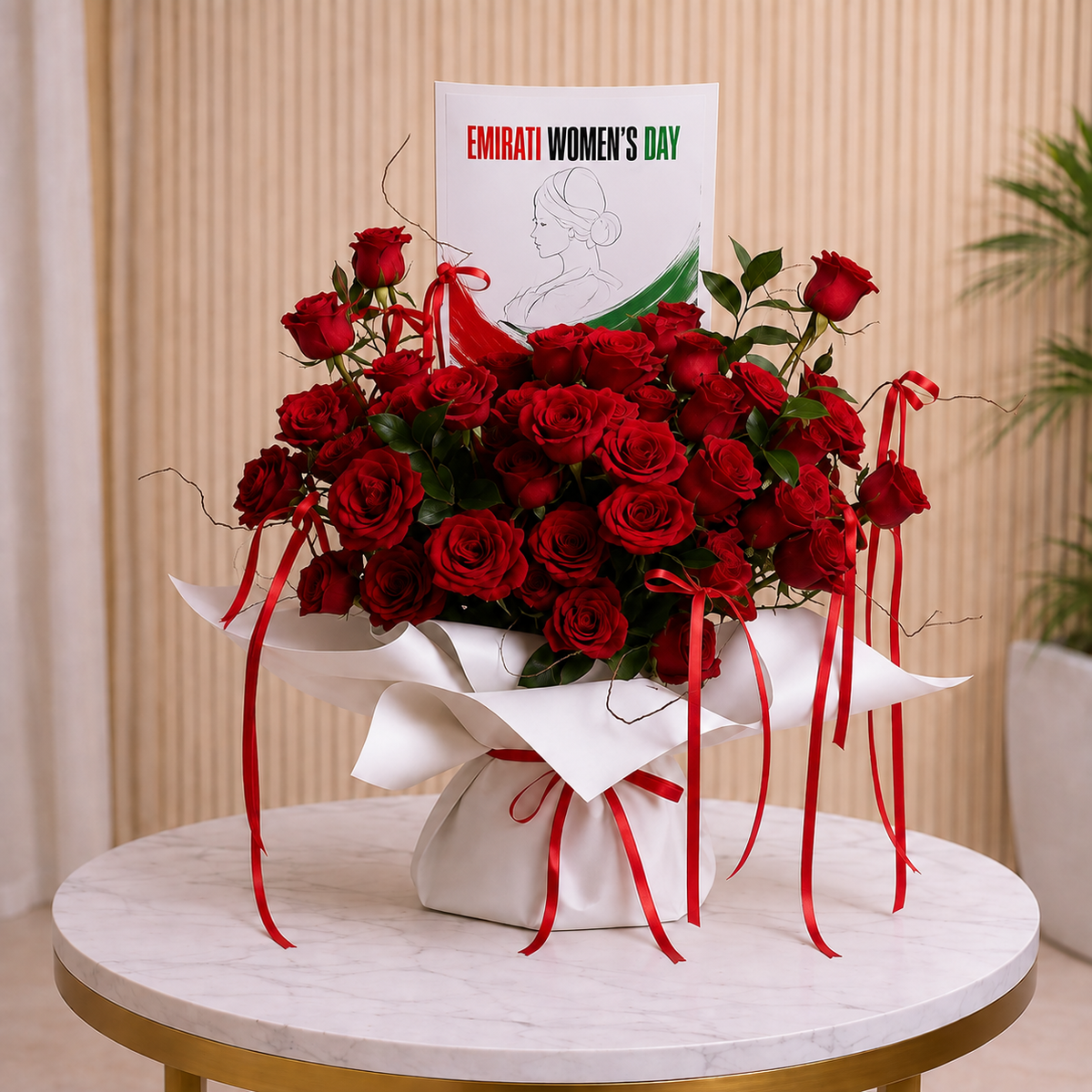 Crimson Ribbon Roses Emirati Women's Day Bouquet same day delivery Dubai