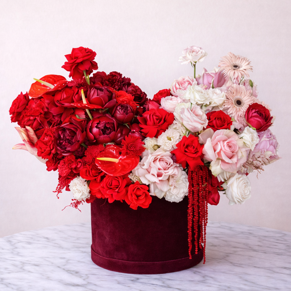 Red & Pink in a Satin Box - Premium flower box with same day delivery in Dubai and UAE