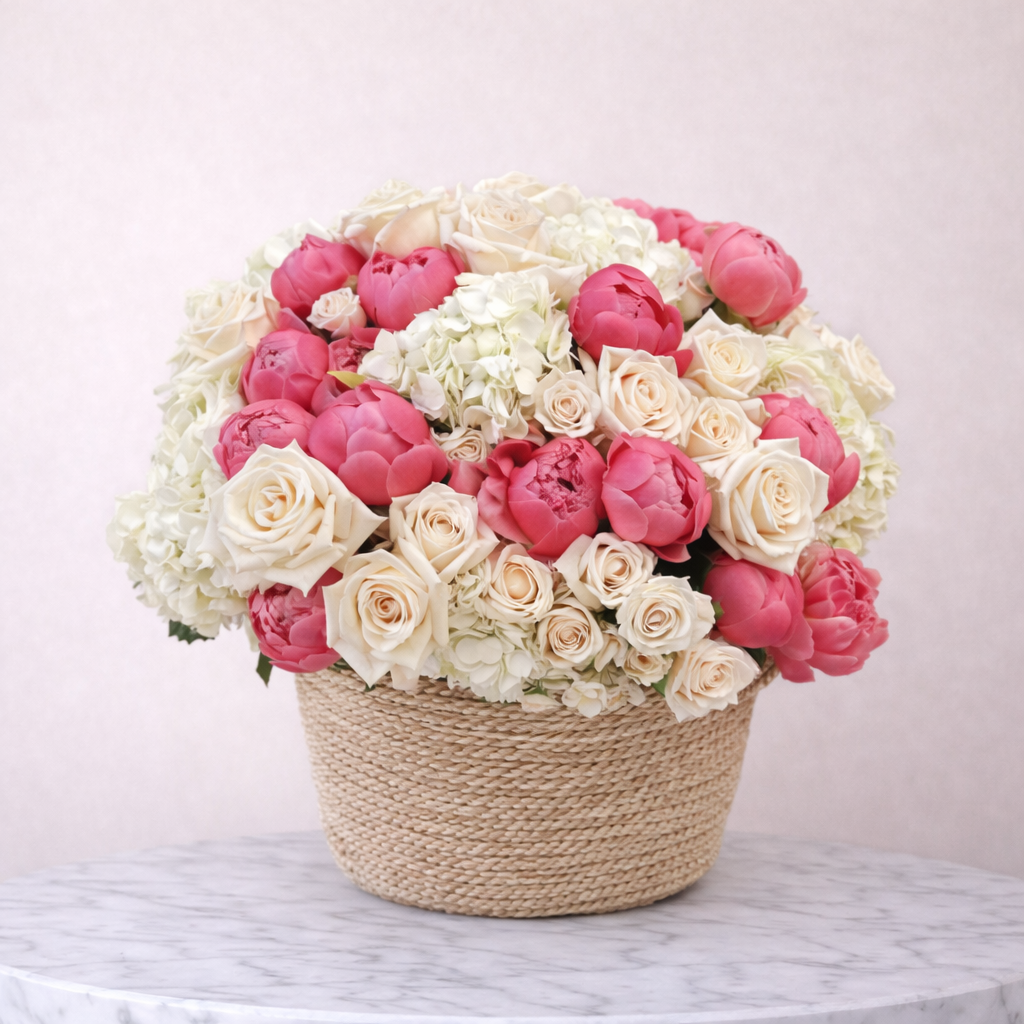Pink Peonies & White Roses Basket - Premium flower basket with same day delivery in Dubai and UAE
