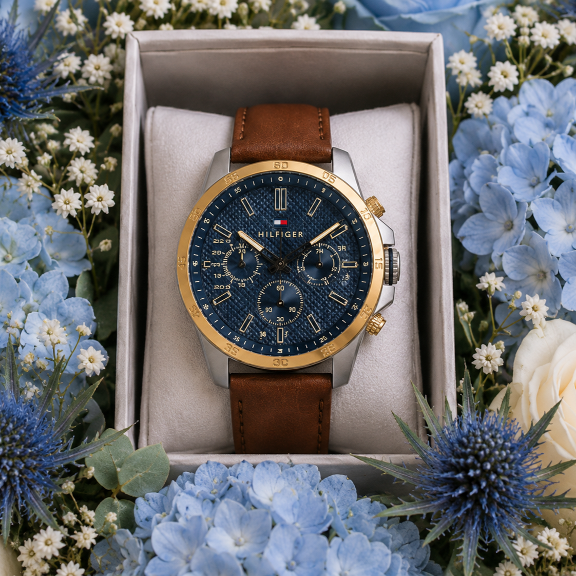 Gifts for Men - Men's Leather Chronograph Watch With Blue Flowers