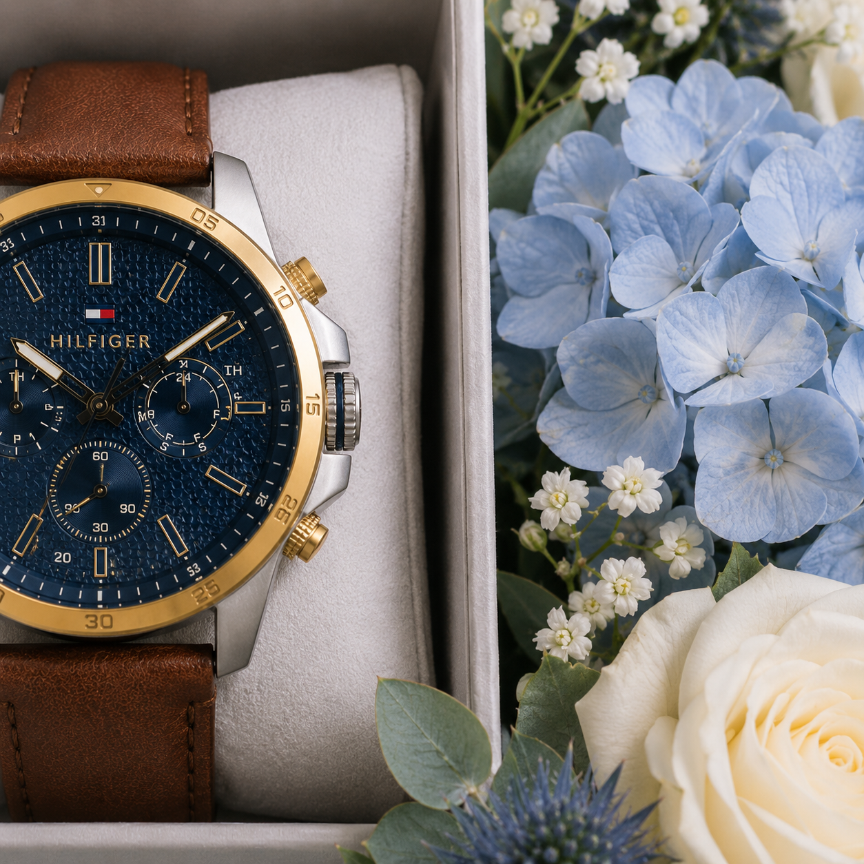 Gifts for Men - Men's Leather Chronograph Watch With Blue Flowers