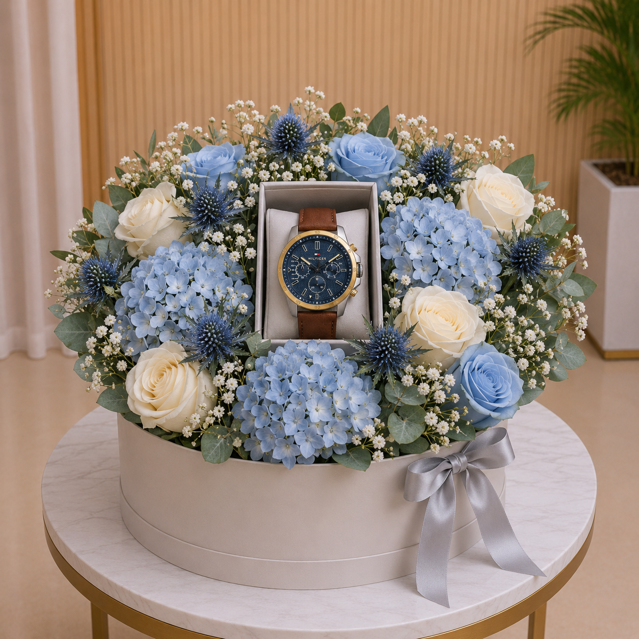 Gifts for Men - Men's Leather Chronograph Watch With Blue Flowers premium gift with same day delivery Dubai