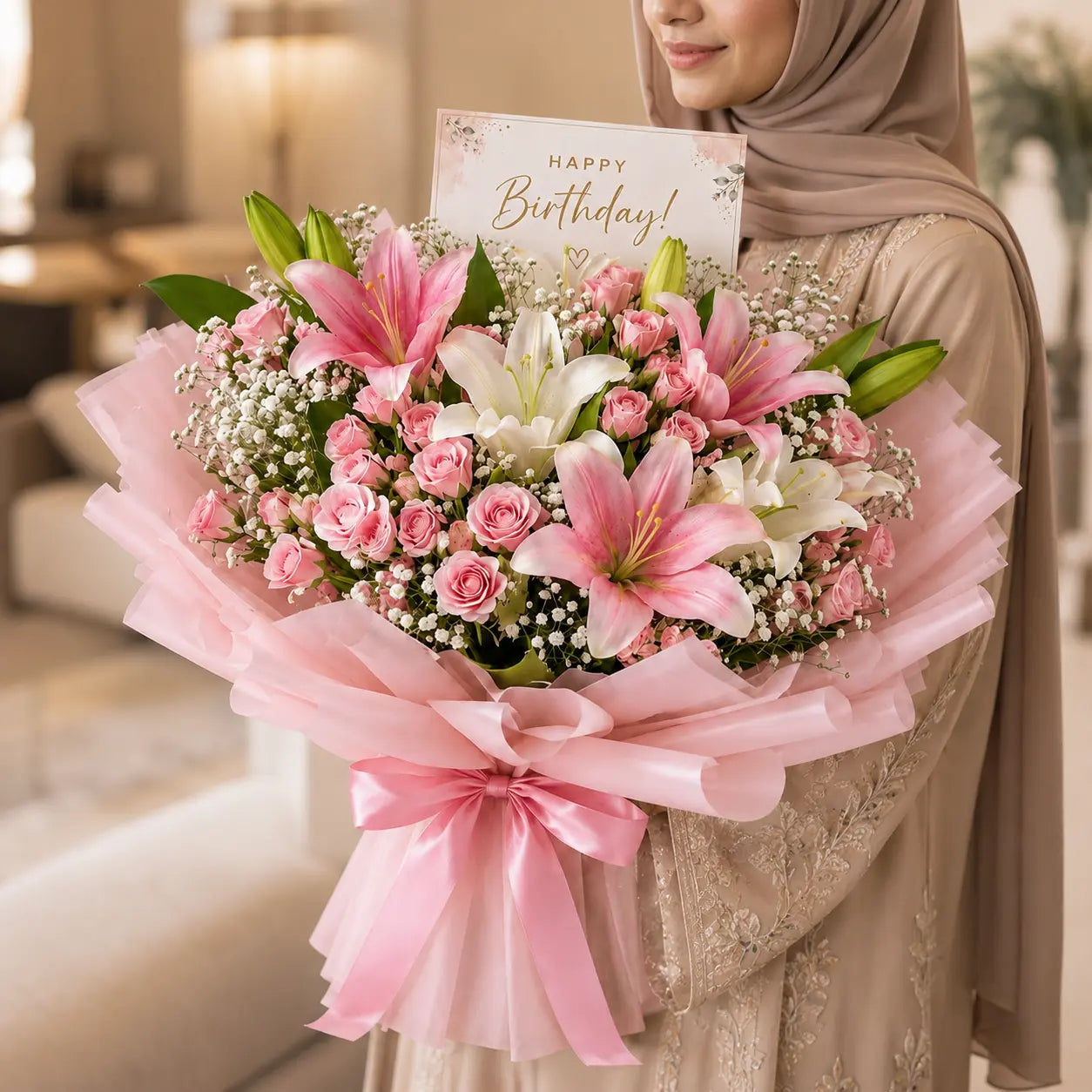 A girl holding a bouquet of pink and white flowers with a 'Happy Birthday!' card.