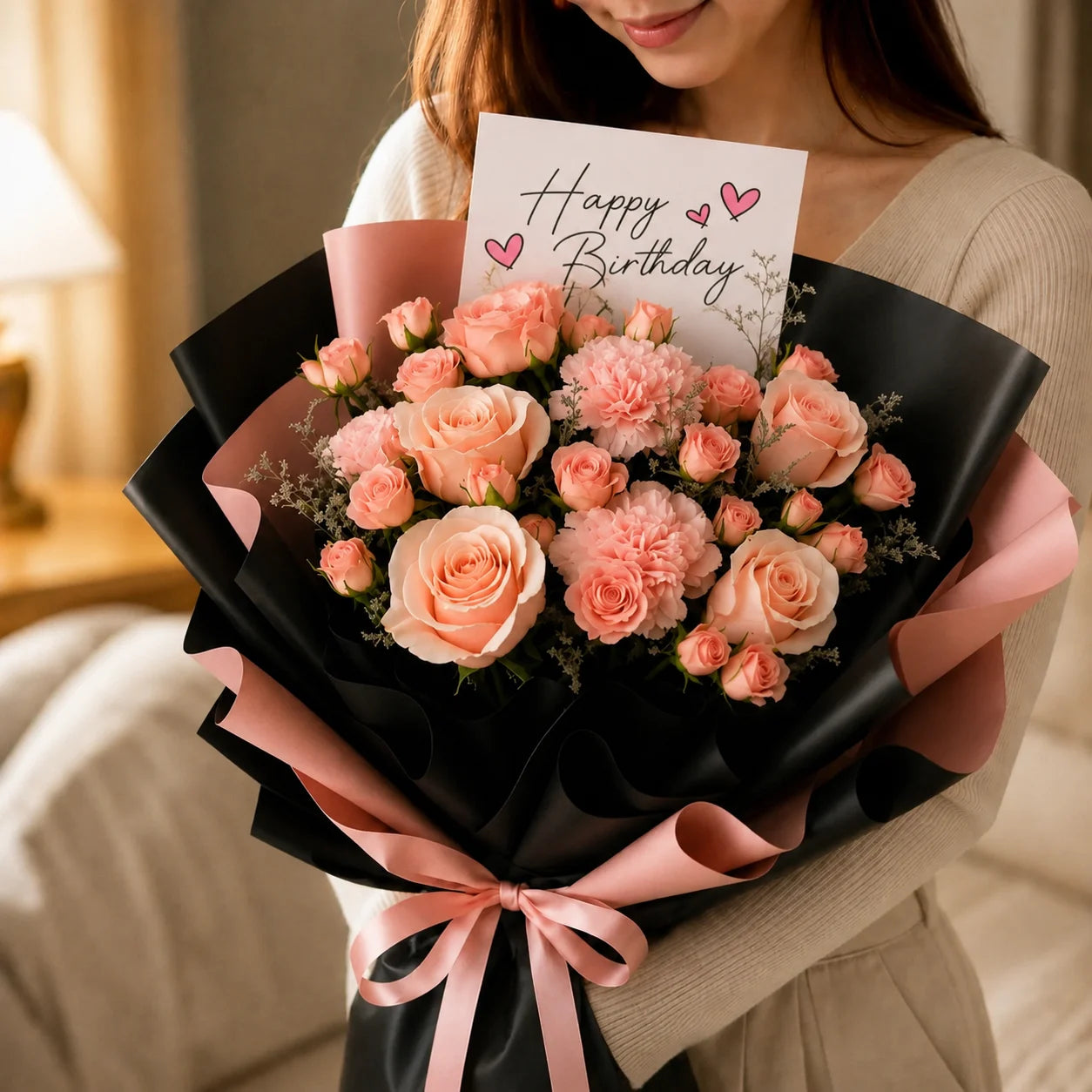 Girl Holding Birthday Flower Elegant Black